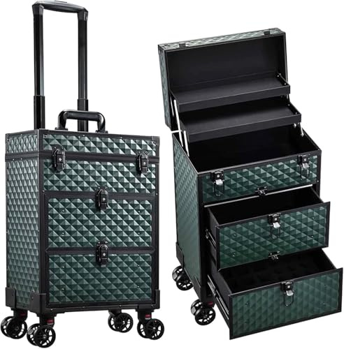 Valise Maquillage, Malette de Manucure et de Coiffure avec Roues 360°, Manche Téléscopique, 2 Plateaux et 2 Tiroirs, Imperméable, Vert