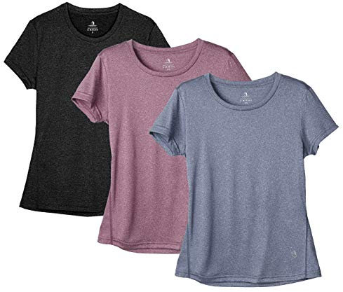 icyzone Sport T-Shirt Damen Kurzarm Laufshirt - Atmungsaktive Fitness Gym Shirt Sport Oberteile, 3er Pack (XL, Black/Navy/Rose Wine)