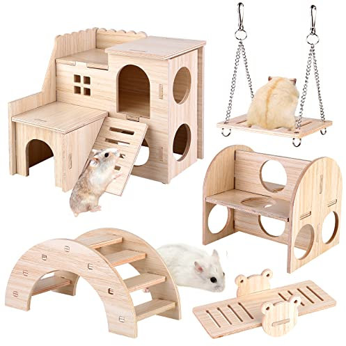 Vegena 5-teiliges Holzspielzeug für Hamster - DIY Hamster Spielzeug - Hamster Versteck Haus Brücke Wippe Schaukel Trainingspielzeug, Zubehör für Rennmäuse Ratten