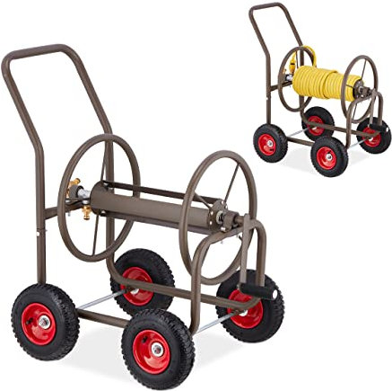 Relaxdays Dévidoir Tuyau d’arrosage, Jusqu’à 60 m de Tuyau, 4 Roues à air, attelage à clic, Chariot métal, Marron