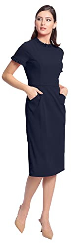 Maggy London Womens Ruffle Collar Slant Pocket Sheath Dress, Twilight Navy, 10 US