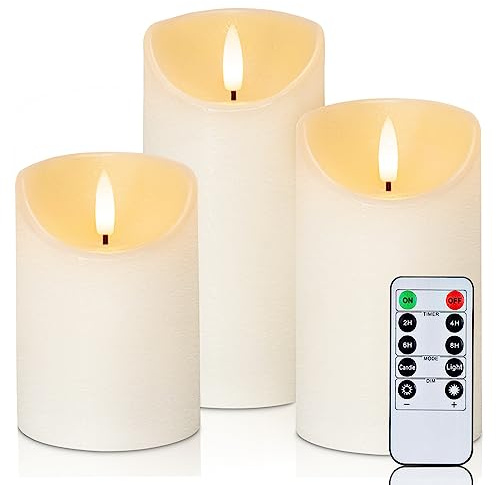 Homemory Flickering Flameless Candles, Realistic LED Candles with Remote and Timer, Textured Wax with Water Ripple, Battery Operated Wax Candles, Set of 3, Ivory
