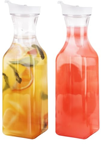 GUSTO [50 oz - 2 Pack] Plastic Carafe with Lid, Large Capacity Square Base - Clear Pitcher with Flip Top Lid, Easy-Pour Spout Juice Containers with Lids, Hand Wash Only - Perfect for Mimosa Bar