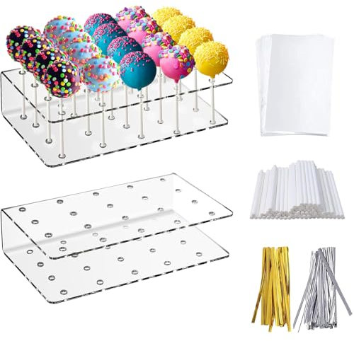 XUSSMM 2 Stück Cake pop stiele, Cake Pop Ständer mit 100 Cake Pop Stiele & 100 Lollipop-Tüten & 100 Twist Krawatten, Cakepop Stiele für Süßigkeiten Partei und Andere Partei Festliche Dekoration