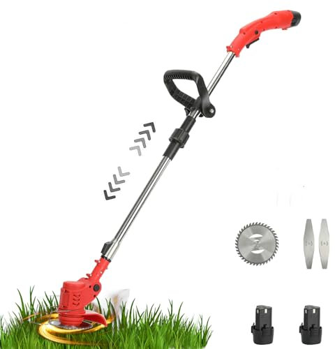 450W Cordless Strimmer,Garden Strimmer with Blades and 2 Batteries, Telescopic Rod Anti-slip Handle Battery Strimmer,Lightweight Brush Cutter Electric String Trimmer Lawn Edger Tool for Garden (Red)