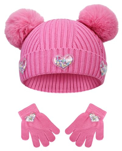 QKURT Kids Hat and Gloves Set, Girls Winter Warm Beanie Knitted Magic Gloves Heart Mitten Bobble Hat for Children 2-5 Years Old (Pink)