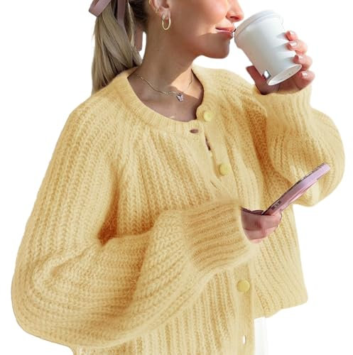 Wyeysyt Damen-Strickjacke, langärmelig, Knopfleiste, dick, weich, vorne offen, locker, lässiger Cardigan, Gelb, XS