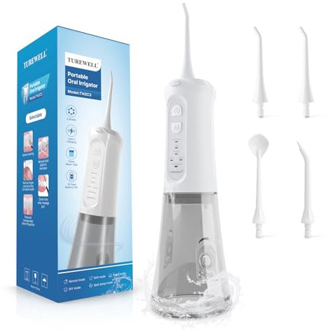 TUREWELL Idropulsore Dentale Portatile 310ML con 5 Modalità, 4 Ugelli, Irrigatore Orale Ricaricabile IPX7 Impermeabile per Casa e Viaggio, Migliora la Salute Dentale