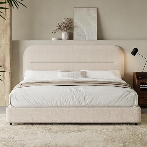 HOMBCK Full Size Boucle Bed Frame, Upholstered Cloud Bed with Headboard, Soft Bed Frames, Modern Style/Thickened Footboard/Rounded Corners Design/No Box Spring Required/Easy Assembly, Beige