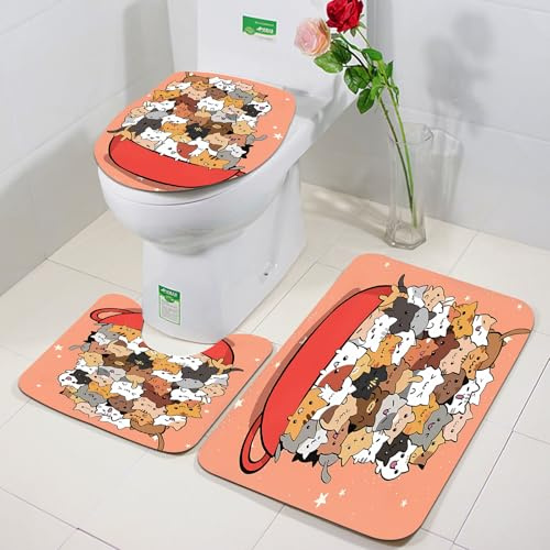 FEHWI Juego de Alfombrillas de baño de Microfibra de 3 Piezas,Antideslizante Alfombra,Lavable,Absorbente,Dibuja un Personaje de diseño de Gato Lindo en una Hermosa Taza de té. Aislado,Alfombra Ducha