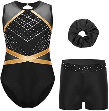 Miutii Maillot de gimnasia para niña, con purpurina, con pantalones cortos, cinta para el pelo, sin mangas, ballet, leotardo, competición, gimnasia, B negro., 158-164
