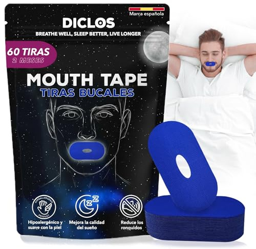 PACK 60 TIRAS BUCALES para Dormir. Mouth Tape for Sleeping. Cinta Bucal Antironquidos. Tapa Bocas para no Roncar. Tape Bucal. Cinta Boca para Dormir. Parches Boca Cerrada. (Azul con Orificio)