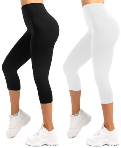 SINOPHANT 2 Pack Capri Leggings for Women-Buttery Soft High Waisted Yoga Pants for Workout Athletic White S-M