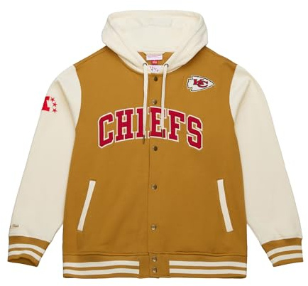 Mitchell & Ness NFL Vintage collegejacka med huva, färgkontrasterande ärmar, tryckknappslås, män, kvinnor, barn, unisex, vår, sommar, höst, vinter, ockra brun, Kansas stadsledare, L