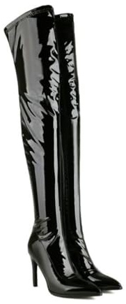 WOkismD Stivali da Donna 10CM con Punta a Punta, Tacco a Spillo, sopra Il Ginocchio e dallo Stile Slouchy,Nero,44 EU
