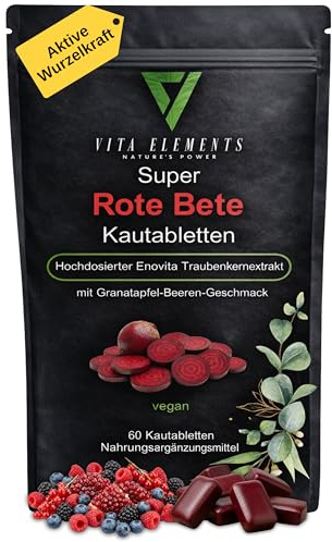 Vita Elements Comprimés à croquer à la betterave rouge - 60 Pièces - Extrait de Pépins de Raisin & Saveur Grenade - Haute Concentration - Vegan - Testé en Laboratoire - Sans Additifs (1)