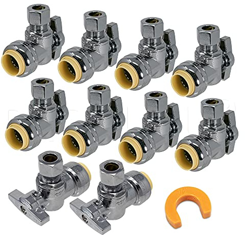 [10-Pack] PROCURU PushFit Angle Stop Valve 1/2 Push x 3/8 OD Comp, Quarter-Turn Push-to-Connect Brass Shutoff Valve for Copper, PEX, CPVC, PE-RT, HDPE Pipes, LF Certified Safe (8X8012-11T)