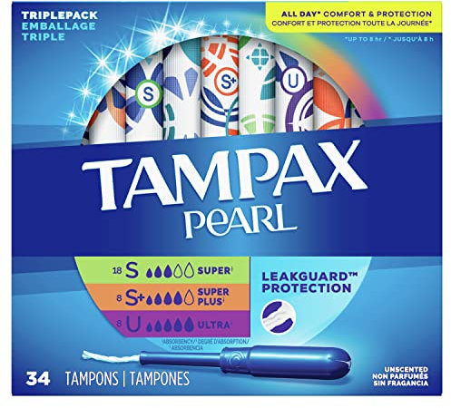 Tampax Pearl Tampons Multipack, with LeakGuard Braid, Super/Super Plus/Ultra Absorbency, Unscented, 34 Count