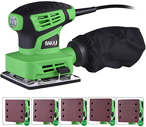 Bakaji Levigatrice Mouse Orbitale Potenza 240W 14000 rpm Aspiratore Integrato e Vaschetta di Raccolta Polvere Base Nastro 11 x 10 cm Fissaggio a Clip con 5 Fogli Abrasivi Inclusi