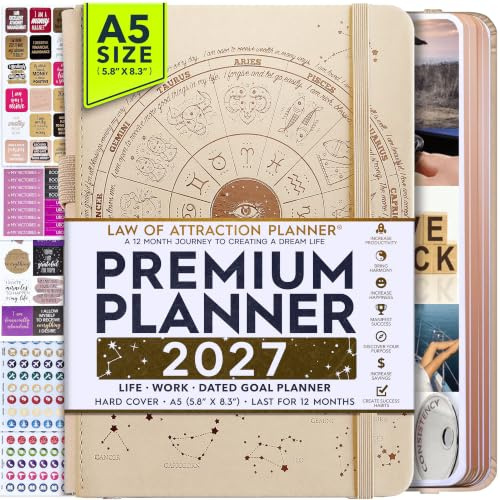 Planeringskalender med attraktionslagen, 2024, lyxig vecko-/månadskalender, en 12 månaders resa för att öka produktiviteten och glädjen, livsorganiserare, tacksamhetsdagbok, presentlåda, klistermärken