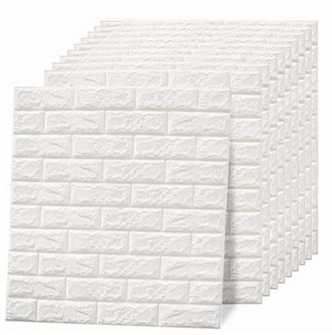 Paquete de 10 Paneles de Pared de Ladrillo, Papel Tapiz de Ladrillo 3D 35x38cm, Paneles Decorativos Para Pared, Panel de Pared de Ladrillo Falso Autoadhesivo para Sala de Estar (10 Unidades, Blanco)