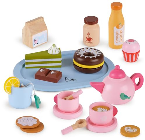 RRIBOUDWAN Wooden Play Food Toys, Kids Kitchen Accessories Set With Ice Cream, Drinks, Cup, Teapot And Storage Bag, Tea Set Gifts for Girls on Birthday, Christmas, Halloween and Easter