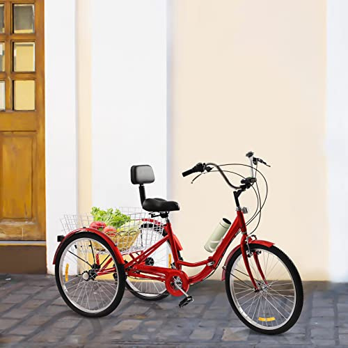 24 tum vuxen vikbar cykel 7 hastigheter vuxen trehjuling cykel med ryggstöd och shoppingkorg för vuxna och äldre (röd)