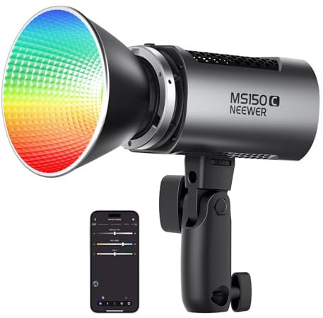 NEEWER MS150C RGBWW Luz de Vídeo LED con 2,4G/App Control, 150W Metal Mini RGB COB Foco Lámpara Continua Bowens Mount 2700K-6500K 16600lux/1m CRI97+/TLCI98+ 17 Efectos para Estudio Fotográfico, RGBCW