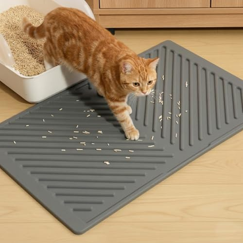 Conlun Tappetino Lettiera Gatto 60x38cm, Impermeabile, Resistente all'Uro, Lavabile, Antiscivolo Tappeto per Lettiera Gatto in Gomma, Grigio