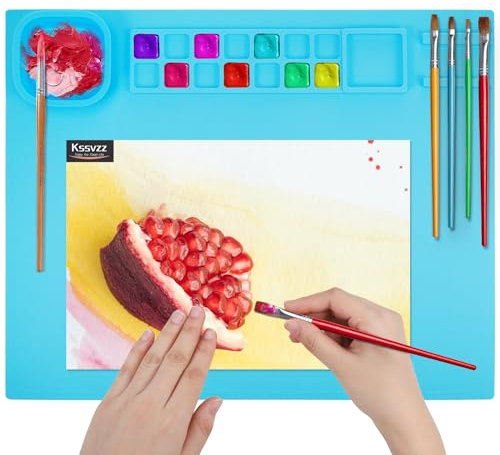 Kssvzz Silikon Malmatte, Mehrzweck Bastelmatte mit Stifthalter und Waschschüssel, Antihafte rutschfeste Tischmatte für Kinder Malen, Crafting, DIY-Projekte (Blau)
