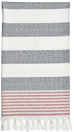 FEBE Serviette de plage, serviette de bain, en coton gris et rouge, 180 x 80 cm, ultra légère, avec nouée à la main, serviette de hammam, de sauna, de pique-nique, serviette