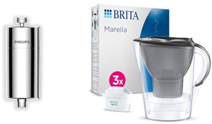 Philips Water - in-Line Shower Filter, Reduces Chlorine by up to 99%, Easy to Instal & BRITA Marella Water Filter Jug Starter Pack - Graphite (2.4L) incl. 3X MAXTRA PRO