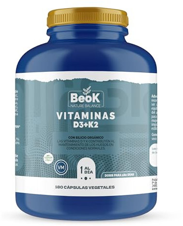BEOK – Vitamina D3 + K2 1000 UI 180 Cápsulas Vegetales – Suplemento Alta Absorción con Menaquinona MK7 y Colecalciferol – Apoyo Óseo e Inmunológico – Suministro para 6 meses