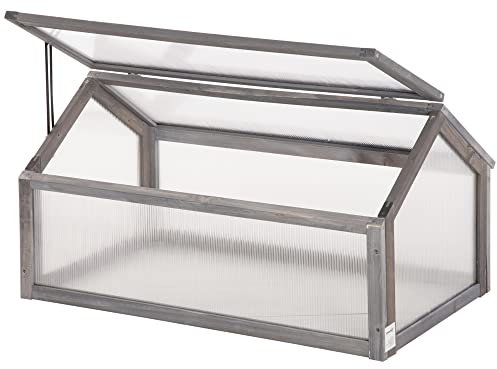 Outsunny Frühbeet aus Holz, Mini Gewächshaus 90 x 52 x 49,5 cm, Treibhaus mit Abdeckung, lichtdurchlässig Frühbeetkasten, Winterfest Hochbeet für Garten, Balkon, Grau