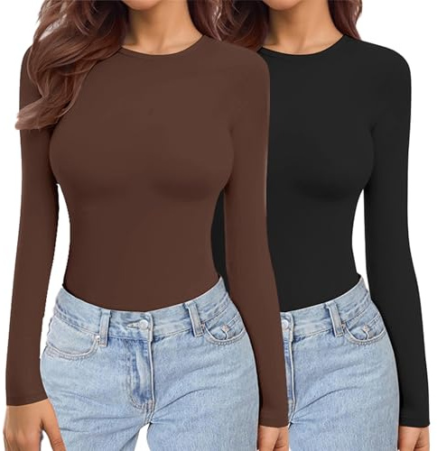 Ekouaer Womens 2 Pack Long Sleeve Tops Crew Neck Shirts Thermal Tops Stretch Fitted Underscrubs Layer Tee Black + Brown XXL