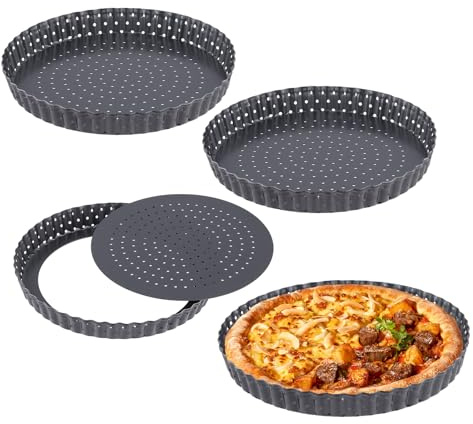 JEUIHAU 4 Pack 20 CM Perforated Quiche Tins, Non-Stick Quiche Tin with Loose Base, Carbon Steel Round Fluted Tart Tin for Baking Pizza, Quiches, Cheesecakes