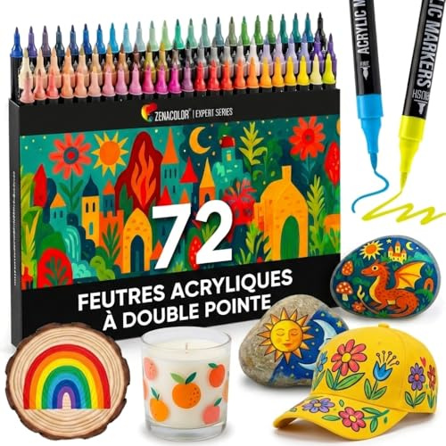Zenacolor - 72 colores Rotuladores Acrilicos con Doble Punta - Punta Fina y de Pincel - Marcadores Acrílicos para Diferentes Superficies