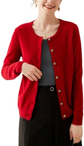 WEWE Women 95% Cashmere Cardigan Red Crewneck Knitted Cardigan Long Sleeve Relaxed Cashmere and Wool Thin Plain Ladies Sweater,UK 16,WA908