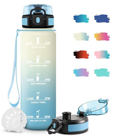 JAPORIA Botella Agua 500ml, Botellas con Filtro, Botella con Marcador de Tiempo, Cantimplora para Cámping, Escuela, Gimnasio, Bicicleta, Running