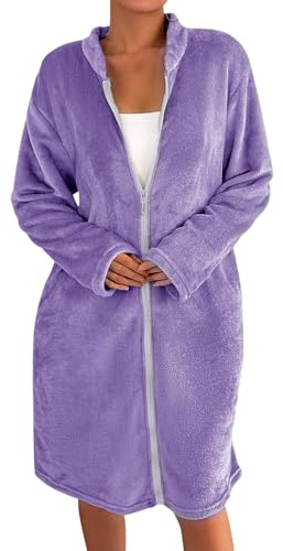 YOSUWOAI Bata para mujer, bata de felpa, bata de baño de un solo color con cremallera, pijama, bata de noche, ropa de noche de otoño e invierno, bata de sauna, bata de franela, bata cálida, bata de