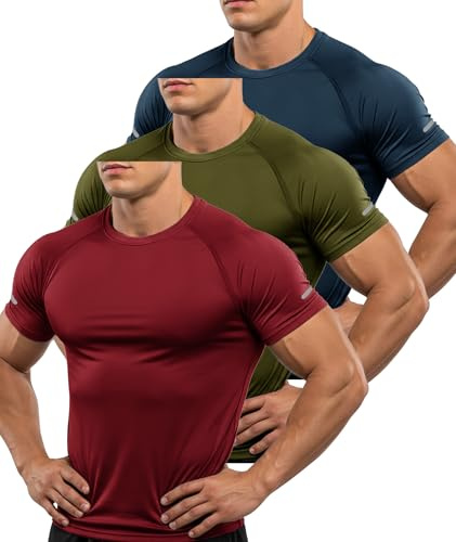 ZITY 3 Pezzi T-Shirt Uomo Sportive Magliette Manica Corta Traspirante Estate T Shirt Asciugatura Rapida Tshirt Funzionale Trekking Fitness Maglietta Blu Navy+Rosso+Verde Militare L
