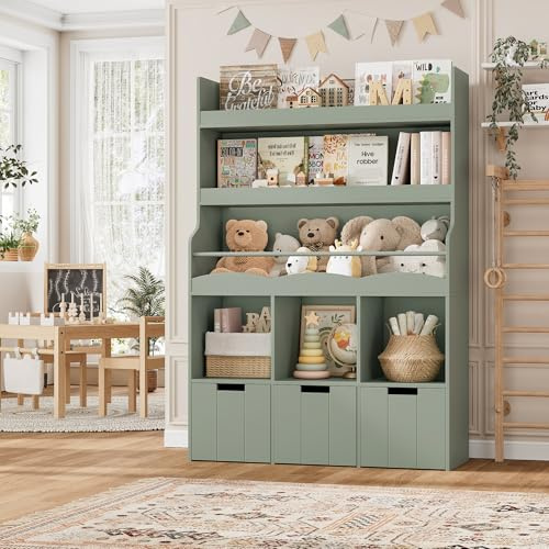 HITHOS 55.3 H Kids Bookshelf with Toy Storage Organizer, Tall Book Shelf with 3 Movable Toy Storage Bins, Large Kids Bookcase with Toy Chest, 39.2 W Modern Toys Box for Kid Room, Playroom, Green