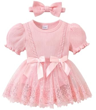JiAmy Baby Girl Tulle Romper Dress Headband 3-6M, Pink