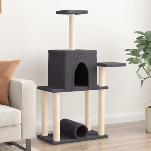 Mangloder Arbre à chat avec colonnes en sisal Gris foncé 122 cm Arbre à grimper avec peluche, grotte, tunnel et plateformes pour escalade, gratter, jouer et dormir dans l'appartement