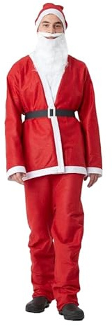 5-Piece Santa Claus Suit for Adults - Red Felt Father Christmas Costume featuring Jacket with White Trim, Drawstring Trousers, Black Belt, Wig, Beard & Hat - Ideal for Christmas Parties- Small