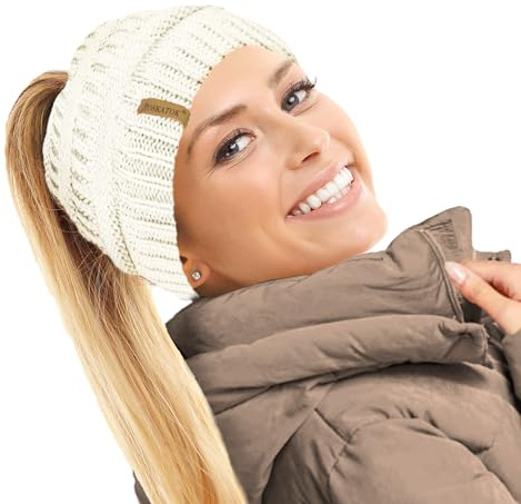TOSKATOK® Ladies Womens Plain Ponytail Messy Bun Ribbed Winter Beanie Hat Cap Hair Hairband-Cream