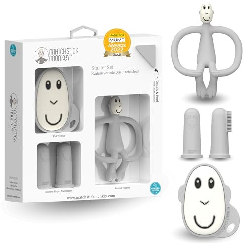 Matchstick Monkey Beißring Starter Set 3 teilig - Baby Zahnungshilfen - für wundes Zahnfleisch - Silikon - BPA-Frei - Tiermotiv, Gesicht, Fingerzahnbürsten (Affe hellgrau)