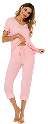 Ietaoo Dampyjamas, sommar, hemmadräkt, bomull, pyjamas, kort, nattkläder, set, kortärmad topp och 3/4 byxor, pyjamas, tvådelad fritidsoverall med ficka
