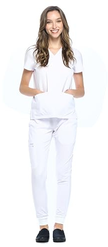 Dagacci Medical Uniform® Jogger Scrubs for Women Set – V-Neck Scrub Top & Elastic Jogger Scrub Pants for Women 8 Pockets White 2XS