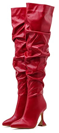 10CM/ 3.93IN Botas Largas Puntiagudas del Dedo del Pie De La Copa De Vino Botas De Rodilla De Tacón Alto Tubo Largo Arrugado Botas De Las Mujeres De Gran Tamaño,Rojo,40 EU